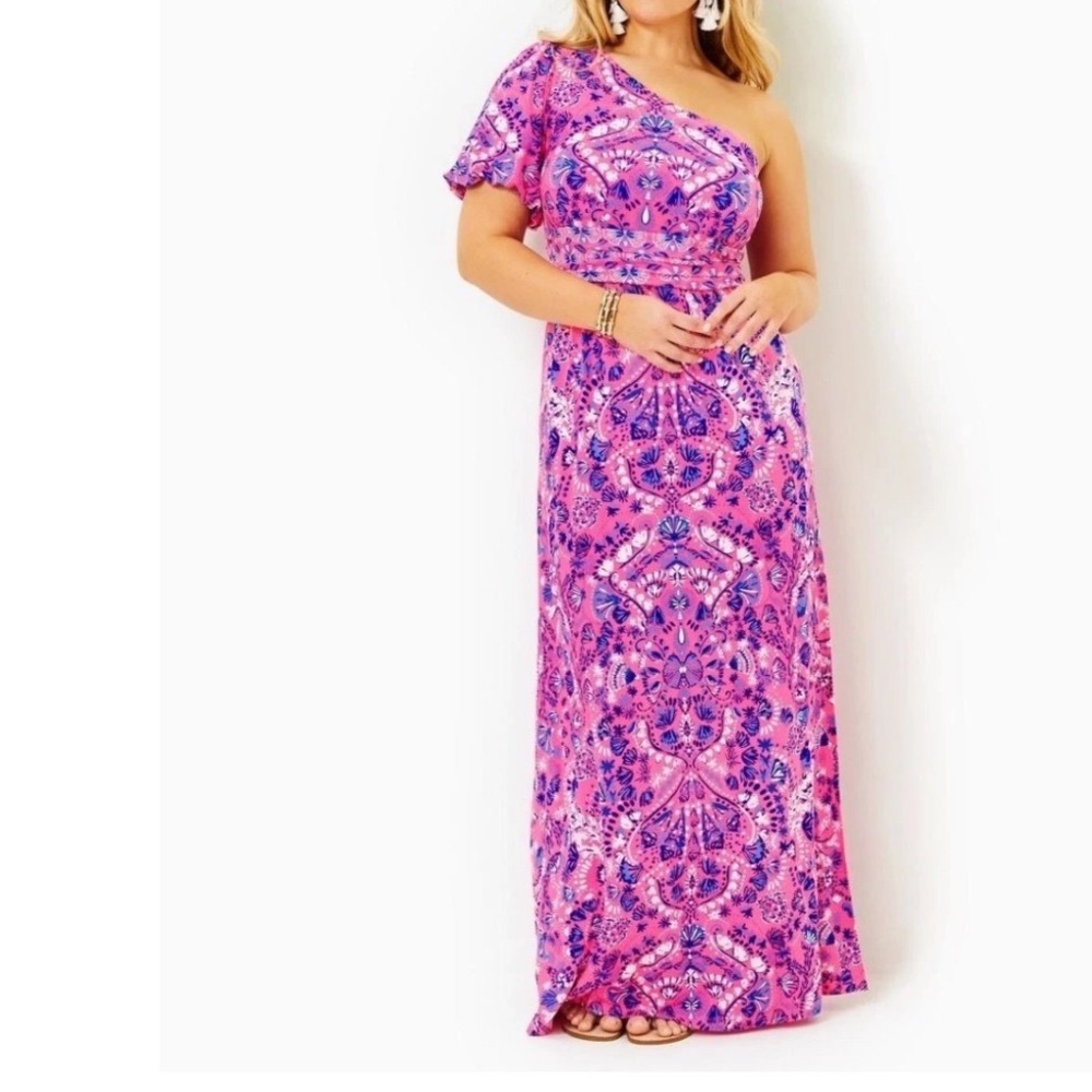 Lilly Pulitzer One Shoulder Maxi Dress Pink Purple Shell Print Size L